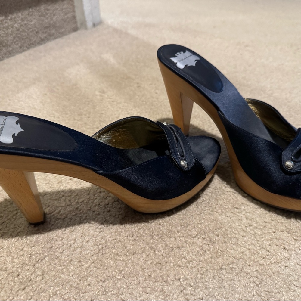 Christian Lacroix Navy Blue Satin Platform Mules with Wooden Heel - Picture 4 of 6